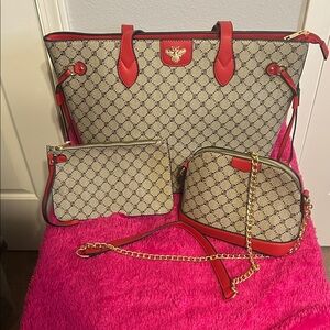 BAGGALLINI | NWOT | Elegant Tan and Red Tote Bag Set